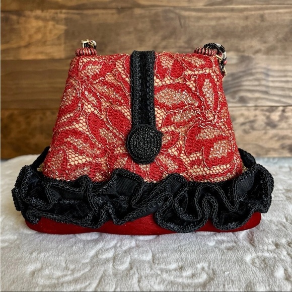 Mary Frances Red Black Beaded Embellished Hardshell Purse Artsy Southwestern - Picture 2 of 16